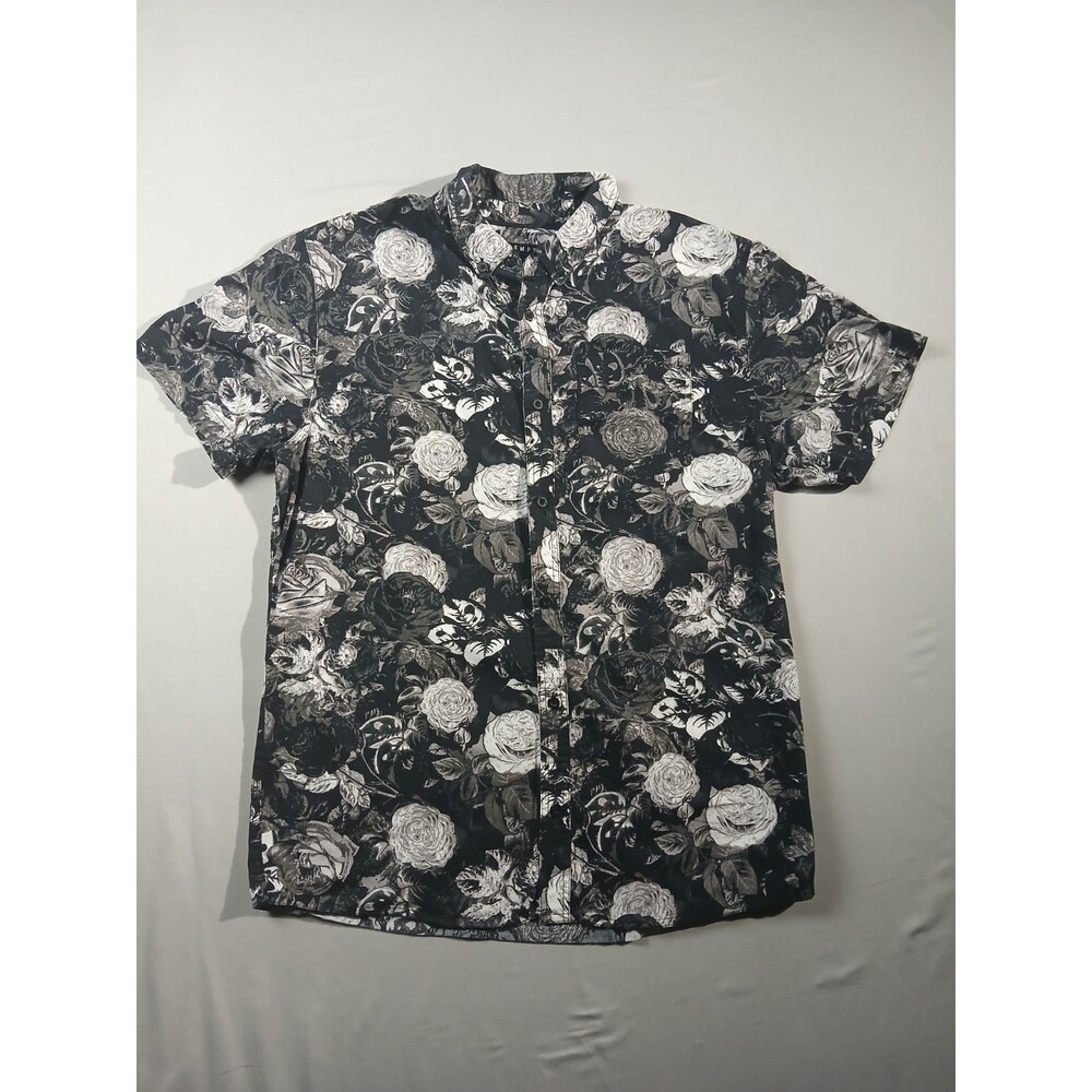 Empyre Mens XL Button Down Shirt Black White Rose Floral Short Sleeve Streetwear